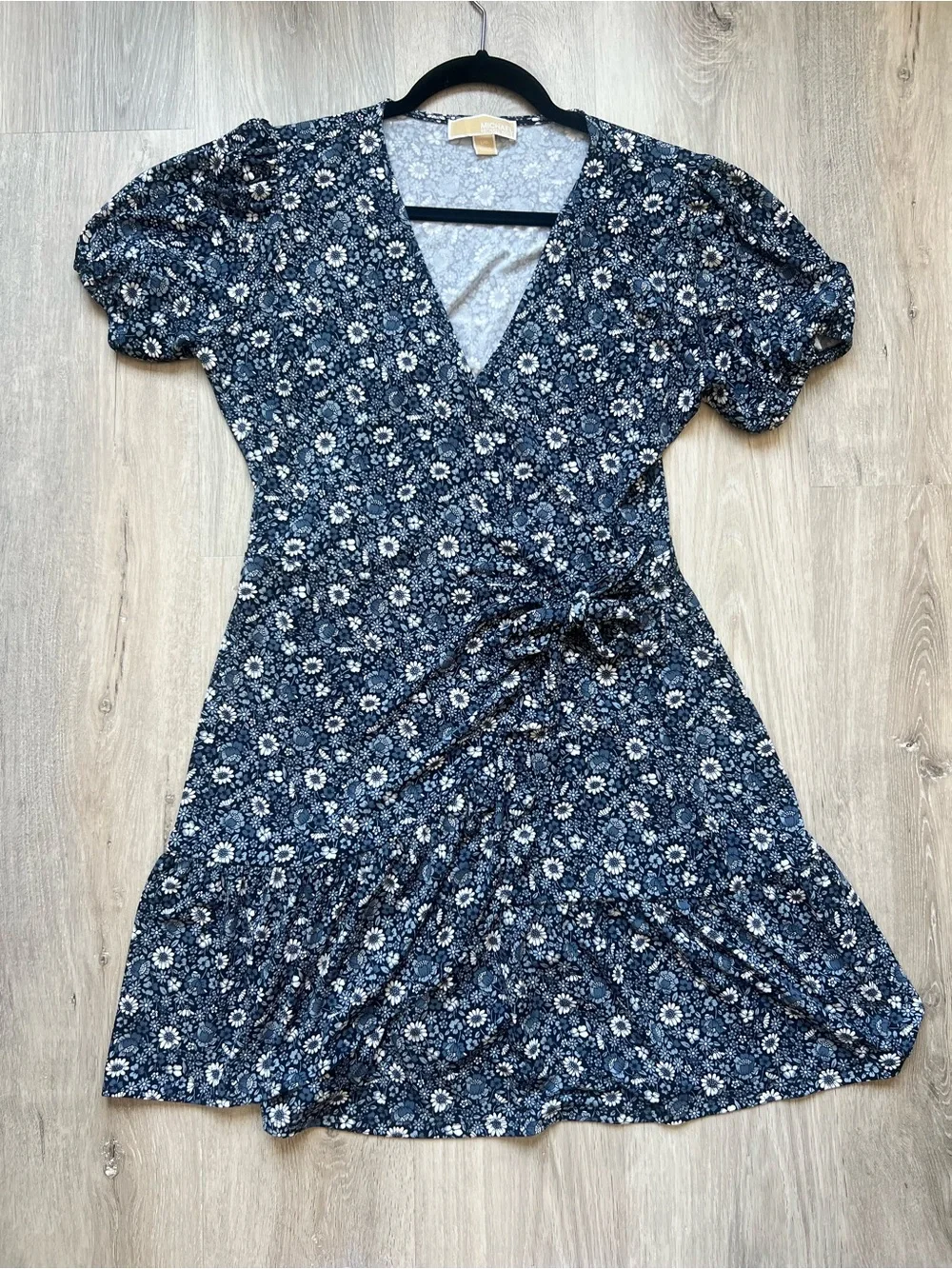 Michael Kors Navy Floral Wrap Dress with Puff Sleeves